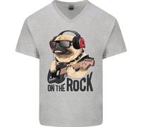 Rock N Roll Pug Divertente Chitarra Heavy Metal Maglietta In Cotone A V Per Uomo