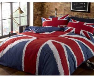 Rock’N Roll - Set copripiumone, Divertente Motivo Bandiera Regno Unito (Union Jack) Blu-Rosso-Bianco, Dimensioni King