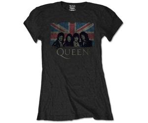 Rock Off Queen - Maglietta Aderente da Donna, con Bandiera Inglese, Colore: Nero - Multicolore - M