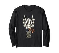 Rock On Hand - Bandiera degli Stati Uniti con Scheletro e Chitarra Rock Maglia a Manica