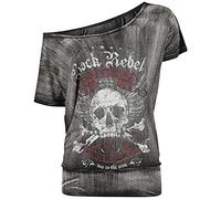 Rock Rebel by EMP Donna T-Shirt Grigio Scuro con Ampio Scollo e Stampa Teschio M