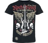 Rock Rebel by EMP Uomo T-Shirt Nera con Grande Stampa Frontale e Toppe sul Davanti e sulle Spalle L
