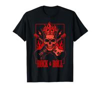 Rock & Roll Skull in Flaming Crown e Chitarre Incrociate Maglietta