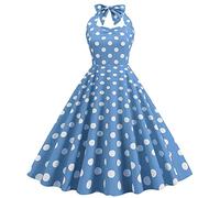 Rockabilly, abito da donna anni '50 anni '60, senza maniche, con allacciatura al collo, a pois, stile vintage, alla moda, per matrimoni, feste, al ginocchio, a pieghe, Blu, L