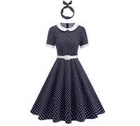 Rockabilly, abito da donna anni '50, vintage, nero e bianco, patchwork, maxi abito estivo a maniche corte, a pois swing, lunghezza al ginocchio, abito da coctail, con fascia a linee, Q blu navy, L