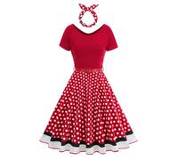 Rockabilly, abito da donna anni '50, vintage, nero e bianco, patchwork, maxi abito estivo a maniche corte, a pois swing, lunghezza al ginocchio, abito da coctail, con fascia a linee, O rosso., L