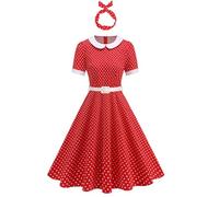 Rockabilly, abito da donna anni '50, vintage, nero e bianco, patchwork, maxi abito estivo a maniche corte, a pois swing, lunghezza al ginocchio, abito da coctail, con fascia a linee, Q rosso., L