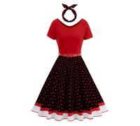 Rockabilly, abito da donna anni '50, vintage, nero e bianco, patchwork, maxi abito estivo a maniche corte, a pois swing, lunghezza al ginocchio, abito da coctail, con fascia a linee, O Anguria Rosso