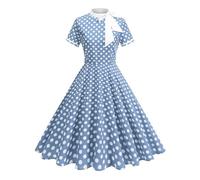 Rockabilly, abito da donna anni '50, vintage, nero e bianco, patchwork, maxi abito estivo a maniche corte, a pois swing, lunghezza al ginocchio, abito da coctail, con fascia a linee, R Azzurro, L