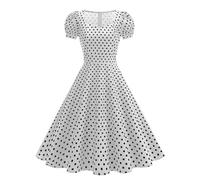 Rockabilly, abito da donna anni '50, vintage, nero e bianco, patchwork, maxi abito estivo a maniche corte, a pois swing, lunghezza al ginocchio, abito da coctail, con fascia a linee, P bianco., L