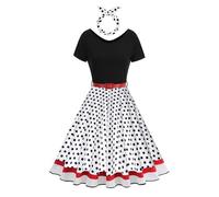 Rockabilly, abito da donna anni '50, vintage, nero e bianco, patchwork, maxi abito estivo a maniche corte, a pois swing, lunghezza al ginocchio, abito da coctail, con fascia a linee, O bianco., L