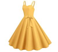 Rockabilly, abito da donna, tinta unita, senza maniche, per cocktail, casual, con scollo a V, per feste, carnevale, anni '50, stile vintage, a vita alta, linea ad A, giallo., L