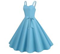 Rockabilly, abito da donna, tinta unita, senza maniche, per cocktail, casual, con scollo a V, per feste, carnevale, anni '50, stile vintage, a vita alta, linea ad A, Celeste., S