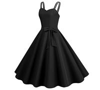 Rockabilly, abito da donna, tinta unita, senza maniche, per cocktail, casual, con scollo a V, per feste, carnevale, anni '50, stile vintage, a vita alta, linea ad A, Nero , S