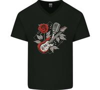 Rockabilly Chitarra & Microfono Rock & Rotolo Uomo Scollo A V Cotone T-Shirt