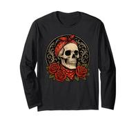 Rockabilly Female Skull - Retro Tattoo with Roses 1 Maglia a Manica