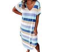 Rockabilly, gonna da donna a righe, casual, a maniche corte, scollo a V, abito corto, Blu, 3XL