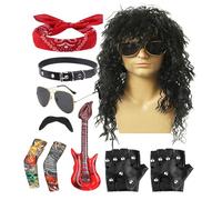 Rocker Costum Set anni '80 - Halloween Punk - Parrucche - Chitarra - di scena | Fake Beard Kit, 10 X Rock Band per costumi per feste in costume, festival musicali retrò o servizi
