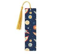 Rocket in Space Segnalibri in legno per gli amanti dei libri, segnalibro fai da te fatto a mano con nappe colorate Marcatori di pagina stampati su entrambi i lati, accessori artistici per libri regalo