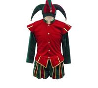 rockible Costume da Clown Cortigiano Medievale con Camicia Maniche Lunghe Pantaloncini a Righe Classici Cappuccio con Punte Ricurve Dettagli Oro in Poliestere