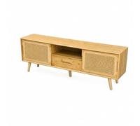 rockible Mobile Porta TV in Bambù Credenza Cassapanca Base Televisione con Ante a Cassetto Centrale Ripiano Aperto E Gestione Cavi Ordinata Adatto per Salotto Soggiorno