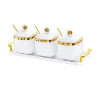 rockible Portaspezie in Porcellana con Cucchiaino, Ideale per Cucina E Sala Da Pranzo, 3 Barattoli D'oro