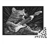 Rocking Cat Guitar-Black White Illustration Style Recycled Board Puzzle Cat Playing Electric Guitar for Adults And Kids Age 12 Years Great Gift 52x38cm/1000pcs