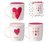 ROCKING GIFTS Set da 3 tazze Mug Tisana in ceramica con coperchio e filtro infusore, San Valentino in spagnolo, bianco e rosa, 350 ml