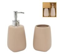 ROCKING GIFTS Set da bagno beige, dispenser di sapone e bicchiere di ceramica, set di accessori da bagno 2 pezzi, dosatore portasapone e bicchiere per lavandino, per WC, decorazione della casa