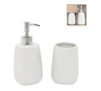 ROCKING GIFTS Set da bagno bianco, dispenser di sapone e bicchiere di ceramica, set di accessori da bagno 2 pezzi, dispenser portasapone e bicchiere per lavandino, per WC, decorazione della casa