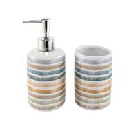ROCKING GIFTS Set da Bagno Dispenser per Sapone e Bicchiere in Ceramica, Motivo a Righe con Colori neutri