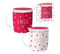 ROCKING GIFTS Set di 2 tazze Mug Tisana in ceramica con coperchio e filtro infusore, San Valentino in spagnolo, bianco e rosso, 350 ml