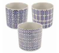 ROCKING GIFTS Set di x3 vasi in ceramica bianca con incisioni blu, stile portogallo, ideale per piante da interno ed esterno, 13 cm
