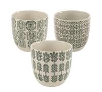 ROCKING GIFTS Set di x3 vasi in ceramica bianca con stampe in verde, ideale per piante da interno ed esterno, 13 cm