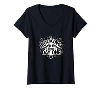 Rocking It Since Day One Retro Music Lovers Citazione Maglietta con Collo a V, Donna, Nero, S