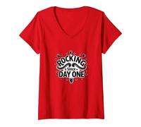 Rocking It Since Day One Retro Music Lovers Citazione Maglietta con Collo a V, Donna, Rosso, S