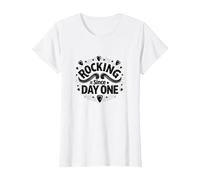 Rocking It Since Day One Retro Music Lovers Citazione Maglietta, Donna, Bianco, XL