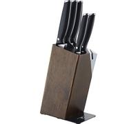 Rockingham Forge 6-Piece Knife Block Set, contient 5 couteaux de cuisine avec des pointes 'Safe-D' & 1 Deluxe Wooden Knife Block with Sharpener, Argento, Nero, Legno scuro