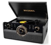 ROCKOLLA - Giradischi Vinili Bluetooth Portatile, 3 Velocità, 33/45/78 Giri, Vintage con Altoparlanti Incorporati, Riproduzione MP3, Dischi, Radio FM, Cassette, CD, USB e Schede SD (Vanguard Black)