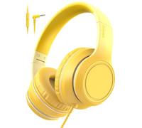 rockpapa L22 Cuffie pieghevoli con cavo per bambini scuola w/microfono | Microfono in-line, cavo intrecciato da 1,2 m, jack da 3,5 mm, cuffie per ragazze, per computer, aule, Chromebook, giallo
