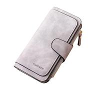 Rockreyoa Portafoglio lungo da donna, grande, in pelle, con scomparti per carte di credito, con 14 scomparti per carte di credito, in pelle, grigio.