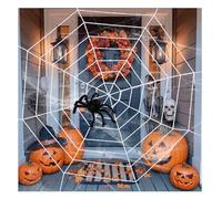 Rockreyoa Ragnatela decorativa per Halloween, diametro 250 cm, rete a 7 strati, 1 ragno grande 50 cm, 40 g, 4 piccoli ragni, in cotone bianco, per interni ed esterni, per Halloween, decorazione horror