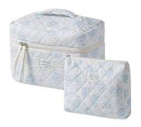 Rockreyoa Trousse da viaggio per cosmetici Coquette in cotone, grande borsa per trucco, organizer con scomparto per spazzole, borsa da toilette con fiori trapuntati, con rose blu, 19 x 8 x 6 cm