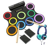 ROCKSOCKI Conjunto de bateria elétrica, 9 almofadas de prática de bateria, máquina de enrolar com fone de ouvido embutido, palitos de tambor, pedais de pé 10 horas de reprodução