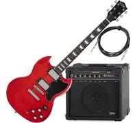 Rocktile Pro S-Red Chitarra Elettrica Heritage Cherry Set AK30A, Serie: Pro | Modello: S-Red, Peso: ca 3, 3 kg, Numero di corde: 6, Orientamento: Destrorso, Forma corpo: Doublecut, Corpo: Tiglio, 2 mm