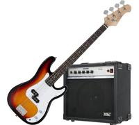 Rocktile Puncher E-Bass Sunburst Set (Preci-Style E-Bass, hardware cromata, 22 tasti, in mplificatore per basso) Sunburst