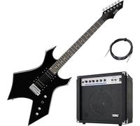 Rocktile Warhead Chitarra Elettrica Set AK20G - Corpo in Tiglio, Tastiera in legno duro selezionato - Set incl. Combo Amplificatore 60W & Cavo Strumento 3m - Ideale per Rock, Metal & altro - Nero