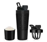 ROCKY&CHAO Shaker proteico in acciaio inox, 700 + 200 ml, con scomparto per polvere, per sport e fitness, albume d'uovo, bottiglia con coperchio a bottone, colore nero