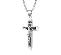 Rockyu Collana da uomo a forma di croce in acciaio inox con ciondolo a forma di croce di Gesù Cristo cattolico, con crocifisso INRI, catena cristiana da 55,9 cm, Acciaio inossidabile, Nessuna pietra