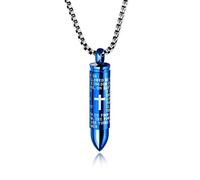Rockyu Collana da uomo con ciondolo a forma di proiettile blu in argento e acciaio inossidabile con incisione della Bibbia, croce e versi della Bibbia, 50,8 cm, Acciaio inossidabile
